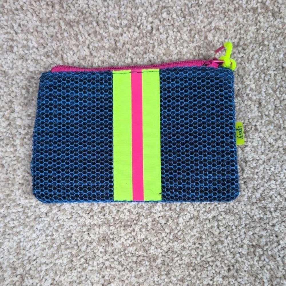 Ipsy Blue Mesh Makeup Bag Cosmetic Pouch Neon Green Pink Stripe‎ Zipper